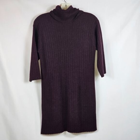 Tweeds Merino Blend Sweater Dress Sz M Purple Turtleneck 3/4 Sleeves Pockets - Picture 2 of 6